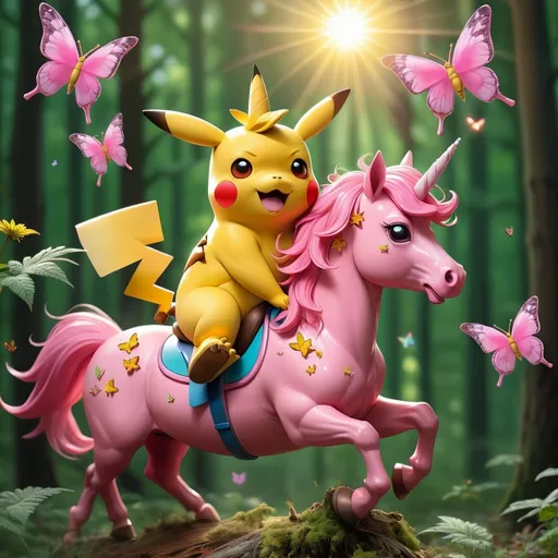 Prompt: Pikachu smoking weed riding a pink unicorn in the forest with the sun shining in the middle of the day with butterflies flying around