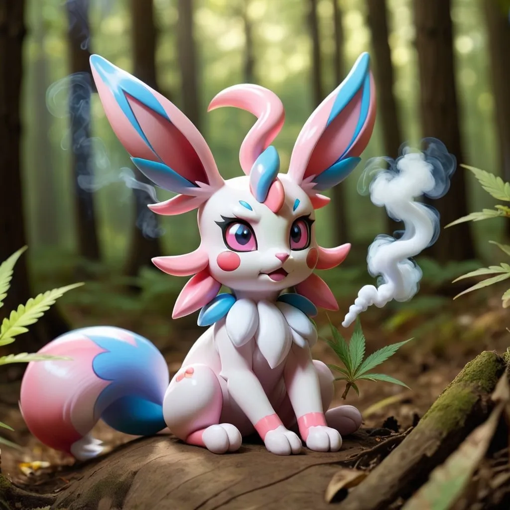 Prompt: sylveon pokemon evolution sitting around a forest smoking marijuana, on a sunny day