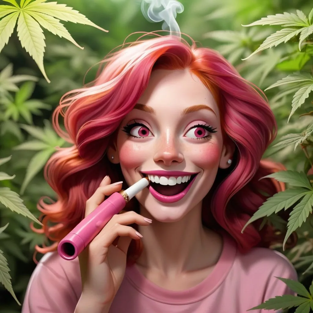 Prompt: redhead woman with red eyes smoking marijuana out of a pink pipe, with a big smile on her face, back ground full of realistic marijuana leaves.