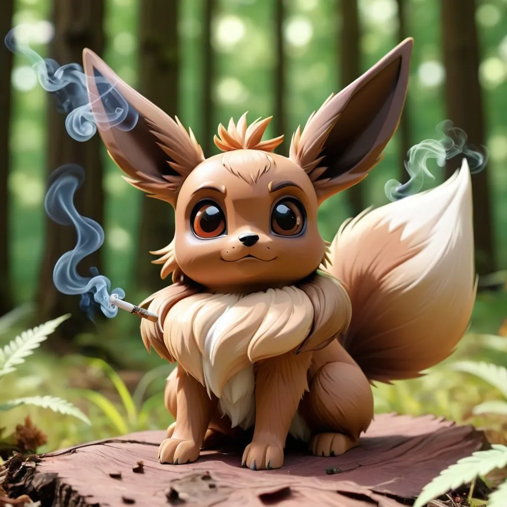 Prompt: eevee evolution sitting around a forest smoking marijuana, on a sunny day