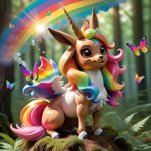 Prompt: Eevee smoking marijuana riding a rainbow colored unicorn in the forest with the sun shining in the middle of the day with butterflies flying around