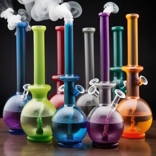 Prompt: A bunch of different color bongs for smoking marijuana