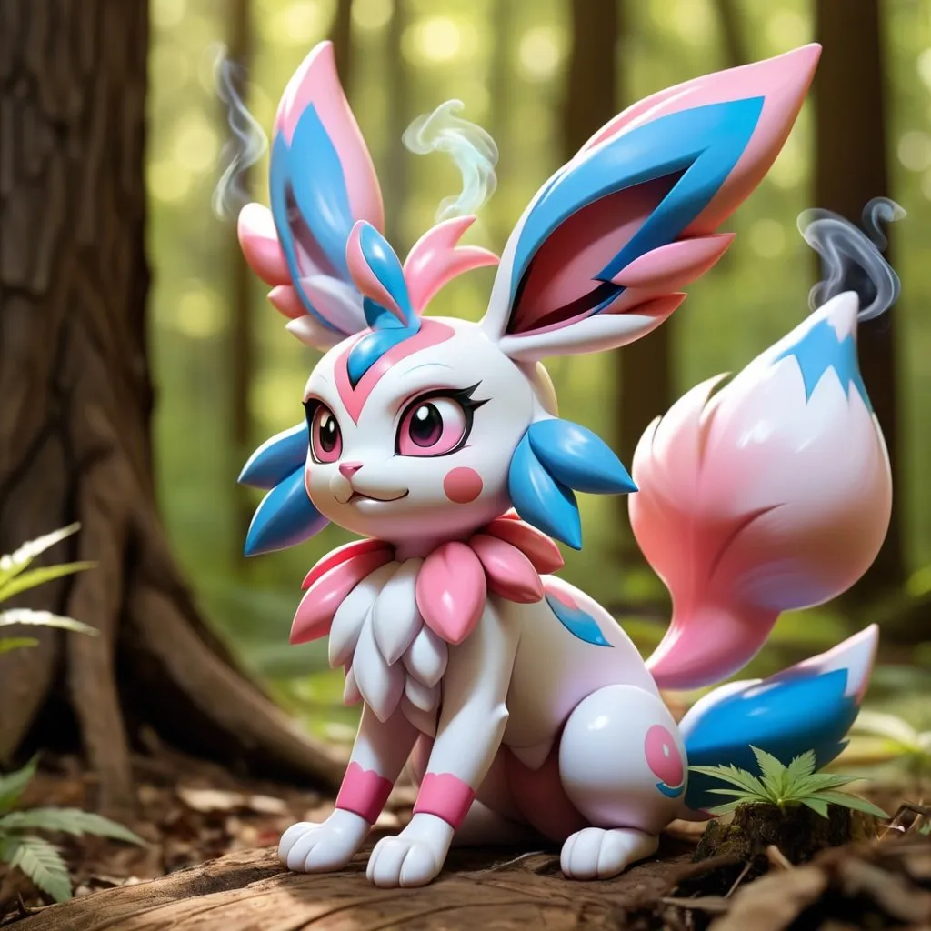 Prompt: sylveon pokemon evolution sitting around a forest smoking marijuana, on a sunny day