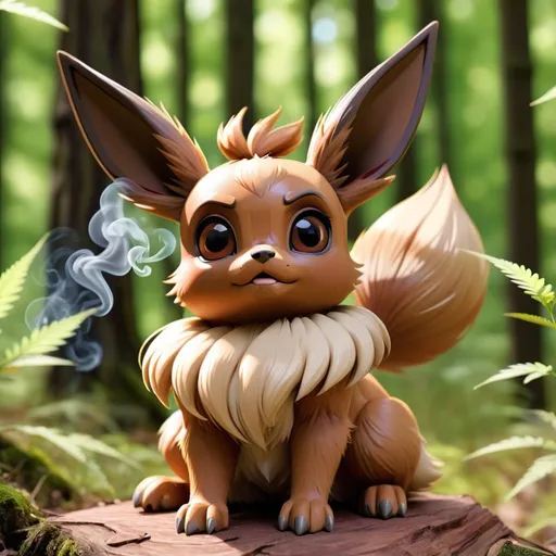 Prompt: eevee evolution sitting around a forest smoking marijuana, on a sunny day