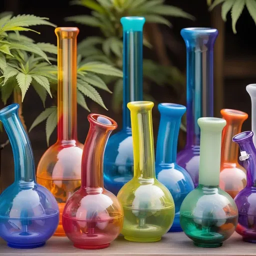 Prompt: A bunch of different color bongs for smoking marijuana