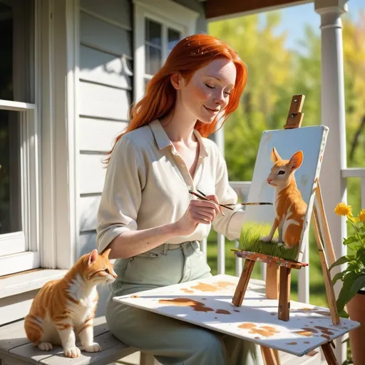 Prompt: ginger woman painting a canvas on her porch, beautiful sunny day with animals all around