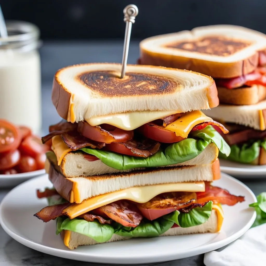 Prompt: BLT sandwich with grilled cheese as the buns, sitting on a white plate