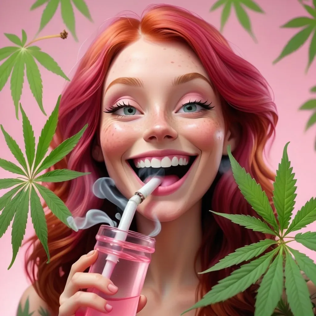 Prompt: redhead woman with 3 eyes smoking marijuana out of a pink water bong, with a big smile on her face, back ground full of realistic marijuana leaves.