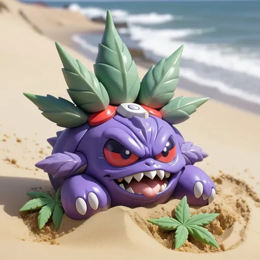 Prompt: Cloyster pokemon smoking marijuana by the ocean, in the sand 