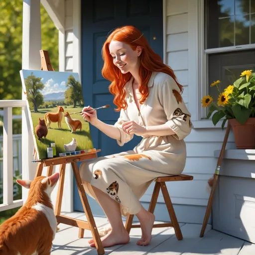 Prompt: ginger woman painting a canvas on her porch, beautiful sunny day with animals all around