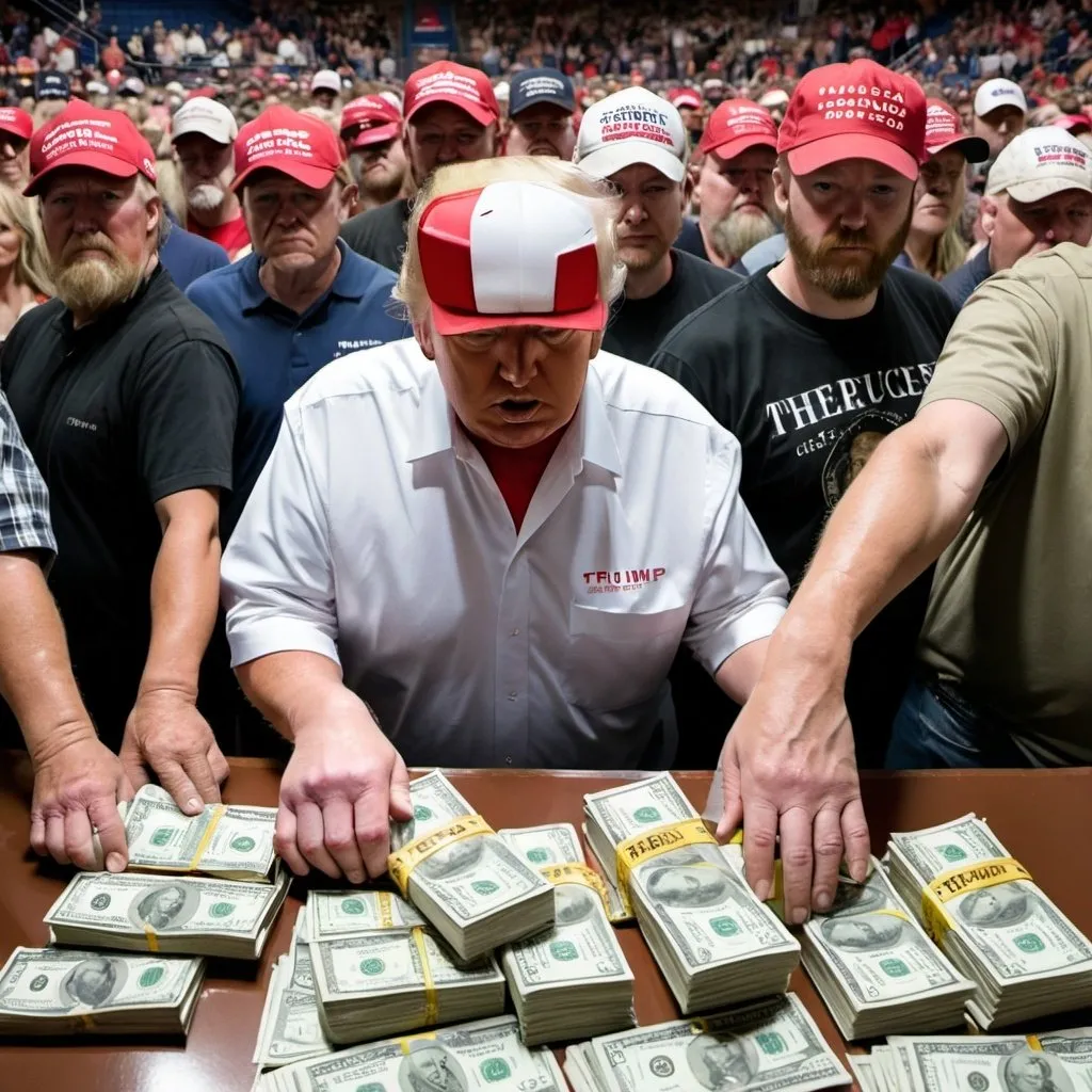 Prompt: Trump paying people to attend his rally. Rednecks with $50 bills spilling out of their hands