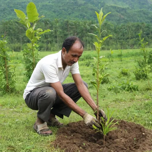 Prompt: A man replant trees after forestation 
