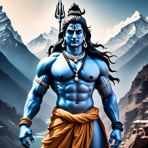 Prompt: Create an image of lord shiva with a muscular body and long hair. Change his skin colour to blue and shesh naag around his neck. Also dress him in rags and Himalayas in the background