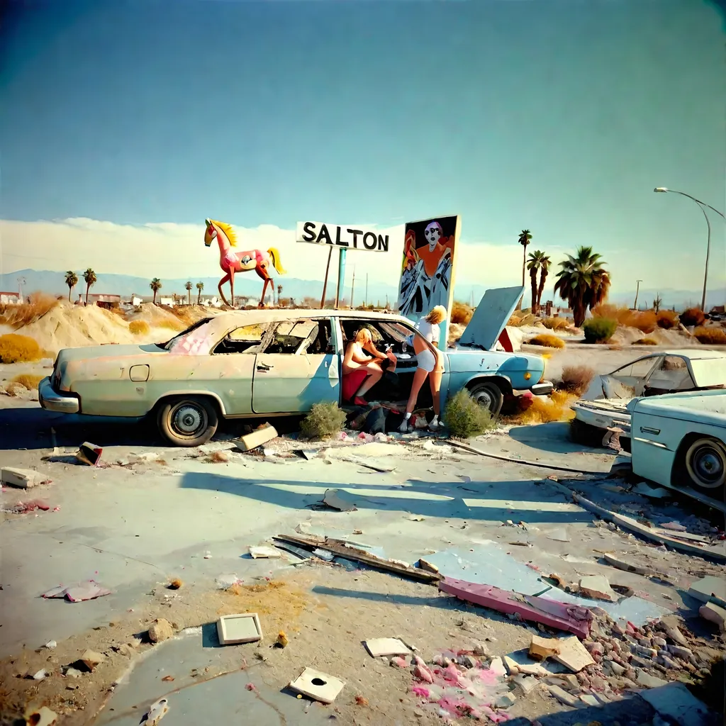 Prompt: At the Salton Sea a mob of german lesbians attacks Bob Solete's artwork in the ruins of the Palms Motel