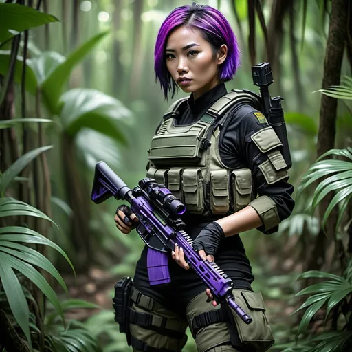 Prompt: sci fi purple haired beautiful asian woman wearing jungle camoflague suit and jungle colour body armour medical patchescarrying sci fi black assault rifle in tropical jungle