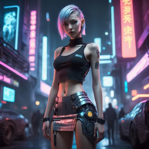 Prompt: Female, 18 years old, cyberpunk, mini skirt, tank top, cyber implants, futuristic urban setting, neon lights, high-tech gadgets, detailed facial features, 3D rendering, cybernetic enhancements, urban cyberpunk, cool tones, atmospheric lighting, highres, ultra-detailed, futuristic fashion