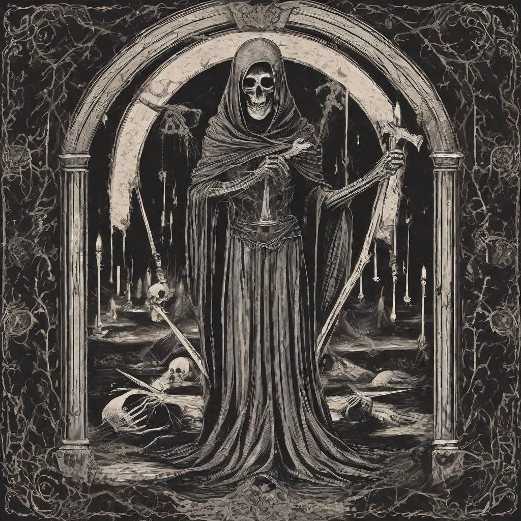 Prompt: Dark ritual, medieval style illustration, death
