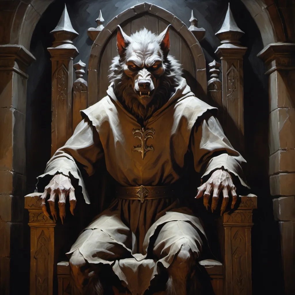 Prompt: Portrait of a werewolf sitting upon a gothic throne, oil on canvas, medieval style painting, muted colors, textured brushstrokes, neutral expression, traditional 14th century art, high quality, oil painting, medieval, textured brushstrokes, traditional art, dim lighting, high contrast shadows