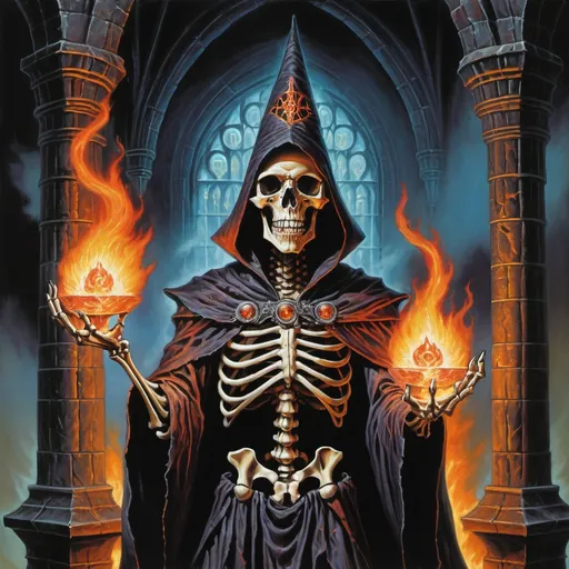 Prompt: A skeletal wizard with flaming eye sockets surrounded by arcane energy in his gothic evil wizard tower, dungeons and dragons first edition, 1980s dark fantasy style, acrylic on canvas, high detailed textures, 1970s metal album style