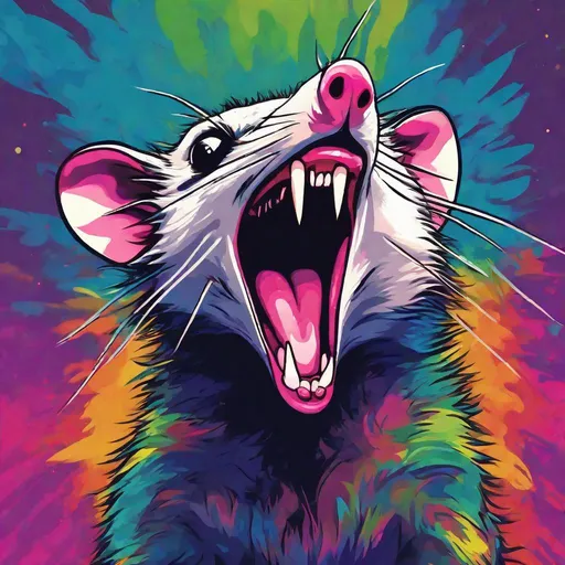 Prompt: An opossum screaming to the sky above, psychedelic style, various  vibrant colors 