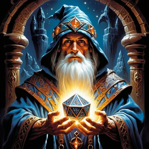 Prompt: A mighty wizard holds an elaborately decorated magical artifact in preparation for a ritual, high contrast lighting, dungeons and dragons first edition, 1980s fantasy style, old school fantasy painting