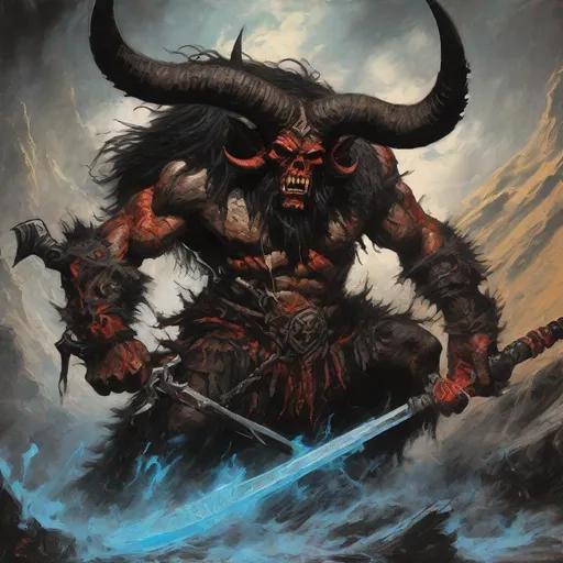Prompt: A savage evil beastman with large horns and satanic markings charges into battle, Oldschool 1980s fantasy art style, high contrast lighting, acrylics on canvas, textured brush strokes, highly textured terrain, detailed black fur, more body fur
