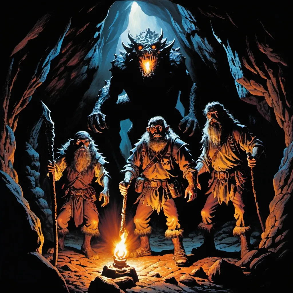 Prompt: Three rugged adventurers holding holding torches in a dark cave surrounded by monsters obscured by darkness, high contrast lighting, dungeons and dragons first edition, 1980s fantasy style, old school fantasy painting