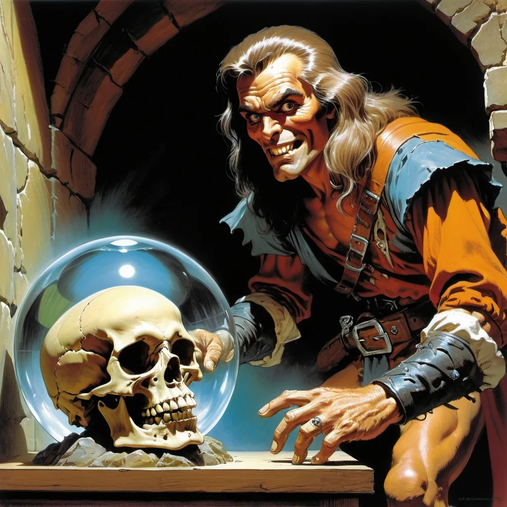 Prompt: A cunning rogue stealing a skull with crystal eyes out of a display case with a smirk on his face, high contrast lighting, dungeons and dragons first edition, 1980s fantasy style, old school fantasy painting by Earl Norem and Frank Frazetta 