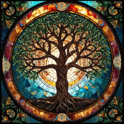 Prompt: Tree of Life, stained glass effect, mosaic, vibrant colorful, high quality, detailed, intricate, fantasy, art nouveau, radiant lighting, warm tones, intricate details, spiritual, large scale