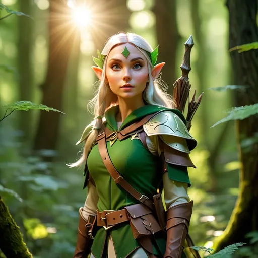 Prompt: Elf ranger in a mystical forest around sunlight