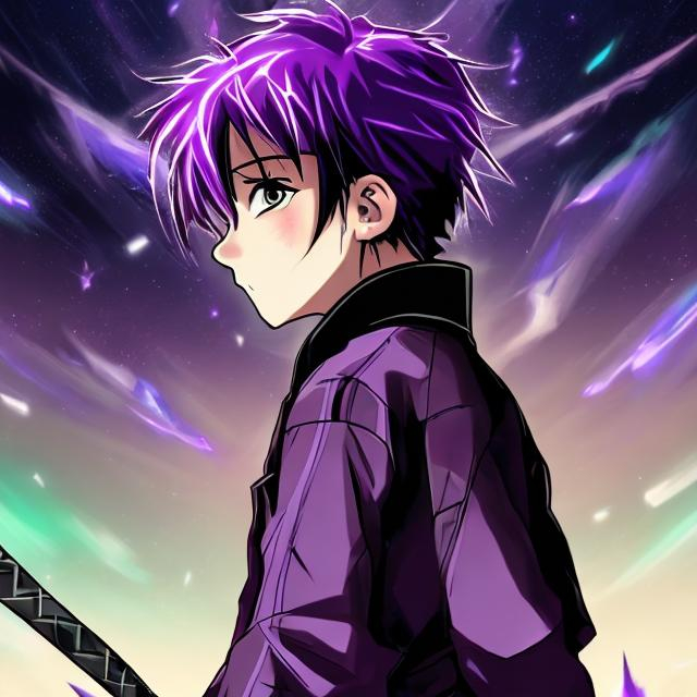 Prompt: Purple Anime. A Boy Wearing A Purple Flannel With Black Undershirt, Sword On Back, Brown Hair Galaxy Background