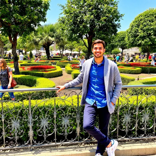 Prompt: Basking in the vibrant atmosphere of a well-maintained public garden, a young man stands casually against a decorative railing, exuding a relaxed confidence. Dressed in a blue shirt layered with a sweater draped over his shoulders, and dark trousers paired with sporty white shoes, he appears approachable as he leans slightly forward with a friendly smile. The background is adorned with meticulously shaped hedges and colorful floral displays, while visitors can be seen enjoying their time at the venue. The clear sky suggests it is midday, enhancing the bright and cheerful mood of the scene, while the overall composition highlights both the individual and the lively context of the garden setting.