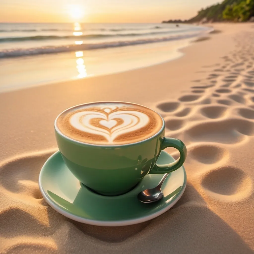 Prompt: I will work when my coffee does green cup cappuccino heart beach sunrise white sand