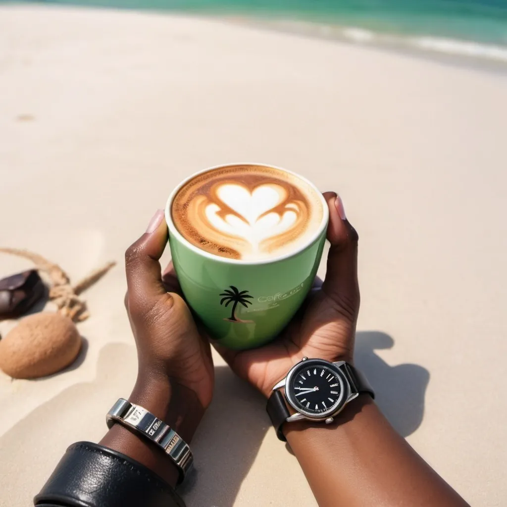 Prompt: I will work when my coffee does green cup cappuccino heart beach sunrise white sand palm tree hand smart watch in wrist dark chocolate girl