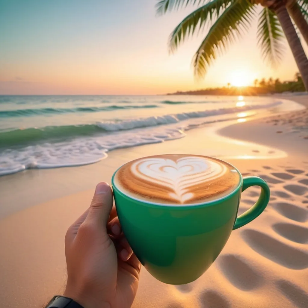 Prompt: I will work when my coffee does green cup cappuccino heart beach sunrise white sand palm tree hand smart watch in wrist 