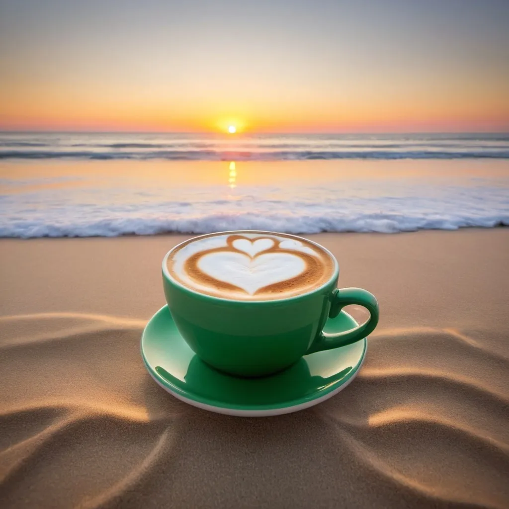 Prompt: I will work when my coffee does green cup cappuccino heart beach sunrise