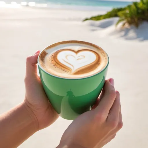 Prompt: I will work when my coffee does green cup cappuccino heart beach sunrise white sand palm tree hand smart watch in wrist 