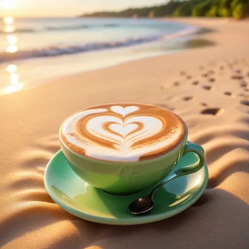 Prompt: I will work when my coffee does green cup cappuccino heart beach sunrise