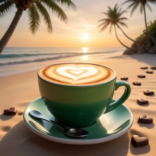 Prompt: I will work when my coffee does green cup cappuccino heart beach sunrise white sand palm tree hand smart watch in wrist dark chocolate 