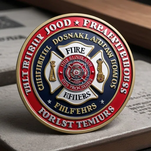 Prompt: Realistic illustration of custom challenge coins, lapel pins, and patches, high-quality, ultra-detailed, realism, collectible items, brushed metal textures, intricate designs, vibrant enamel colors, realistic shadows and highlights, professional craftsmanship, monthly subscription service, FD Collectors Club, local firehouses, unique and custom, support for firefighters, detailed embossing, lifelike textures, precise engravings, subtle reflections, authentic, traditional, antique finish, warm lighting