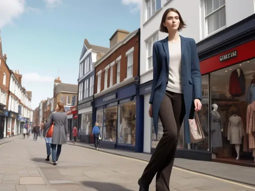 Prompt: Tall young woman walking down the high street, detailed clothing, realistic, natural lighting