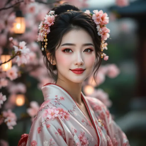 Prompt: A highly realistic portrait of a stunning 50 years old Japanese woman wearing a luxurious silk kimono embroidered with delicate cherry blossoms. Her elegant hairstyle is adorned with traditional kanzashi hairpins and fresh flowers. She has a graceful, serene expression with deep, soulful eyes and a gentle smile. The soft glow of lantern light enhances her smooth, radiant skin, giving her an air of timeless beauty. The background is a tranquil Japanese garden at dusk, with cherry blossoms gently falling in the breeze, creating a dreamlike and poetic atmosphere.