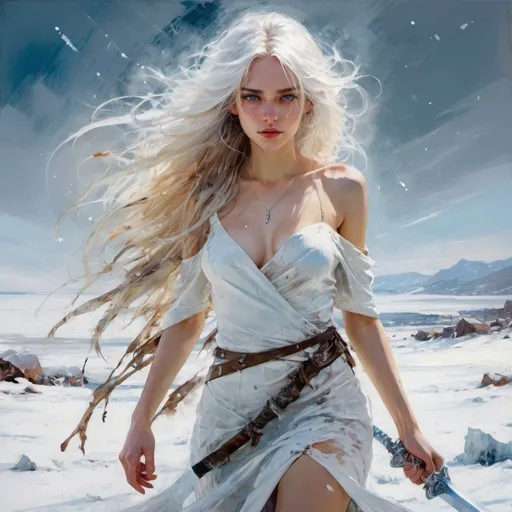 Prompt: create image for girl with long white hair and white eyes wearing ice dress walking in ice ,sky snowing ,winds ,confidant from her self ,holding white ice sword,Painting style of Michael Garmash, , Carne Griffiths"