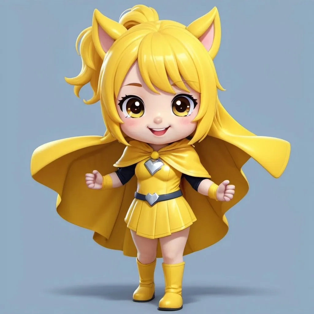 Prompt: mascot cute girl yellow
more playful
more cute
hero with cape
ponytale hair
