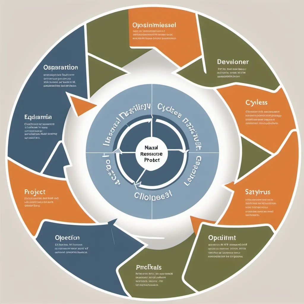 Prompt: A natural resource project lifecycle that includes images at each major step and when government or regulatory decisions are made. The project cycles are: 1. pre-exploration, 2. exploration, 3. development, 4. operation, and 5. closure.