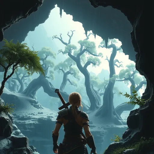 Prompt: An image of a female fighter gazing at a vast cave in a poplar tree forest with heavy rain pouring down. The scene depicted in the style of unreal engine.