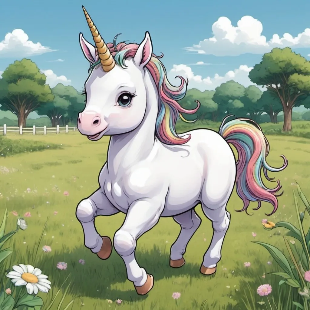 Prompt: Un bébé licorne courant dans la prairie version manga