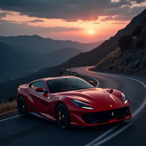 Prompt: Create a highly detailed, ultra-realistic image of a sleek, modern Ferrari sports car in signature Ferrari red. The car is parked on a winding mountain road during a dramatic sunset with a dark theme ambience. The scene features deep shadows and moody lighting that accentuate the car's glossy surface and reflections. The background showcases a cinematic mountain landscape under a dark, twilight sky. The image should be in full HD resolution (1920x1080) with a 16:9 aspect ratio