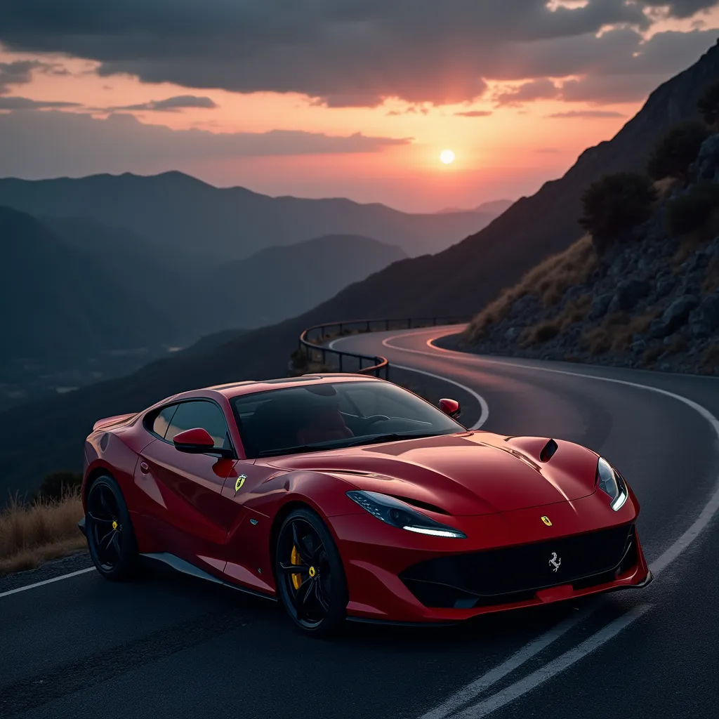 Prompt: Create a highly detailed, ultra-realistic image of a sleek, modern Ferrari sports car in signature Ferrari red. The car is parked on a winding mountain road during a dramatic sunset with a dark theme ambience. The scene features deep shadows and moody lighting that accentuate the car's glossy surface and reflections. The background showcases a cinematic mountain landscape under a dark, twilight sky. The image should be in full HD resolution (1920x1080) with a 16:9 aspect ratio