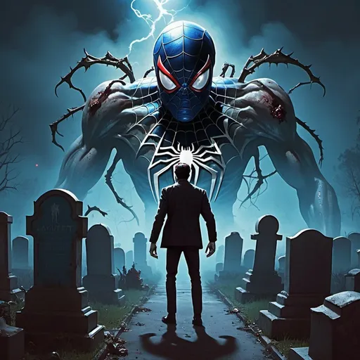 Prompt: Spiderman avec une tete mutant homme araignée dans un cimetière de  nuit démarche de zombie de la fumée toxique bleu des éclaire en arrière plan (style Lovecraft)
